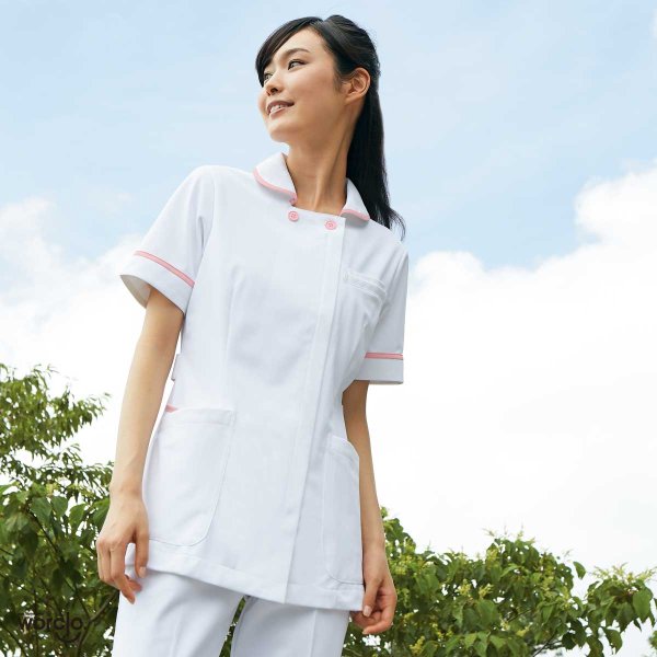 画像2: 【モンブラン】ナースジャケット半袖(ホワイト/ピンク) 73-1802 (2)