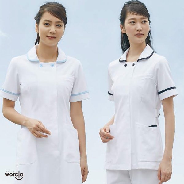 画像2: 【モンブラン】ナースジャケット半袖(ホワイト/サックス) 73-1804 (2)